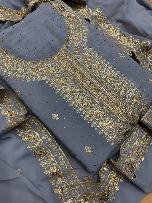 Grey Color Soft Georgette Daman Neck Machine Diamond Embroidered Work Wedding Wear Salwar Suit