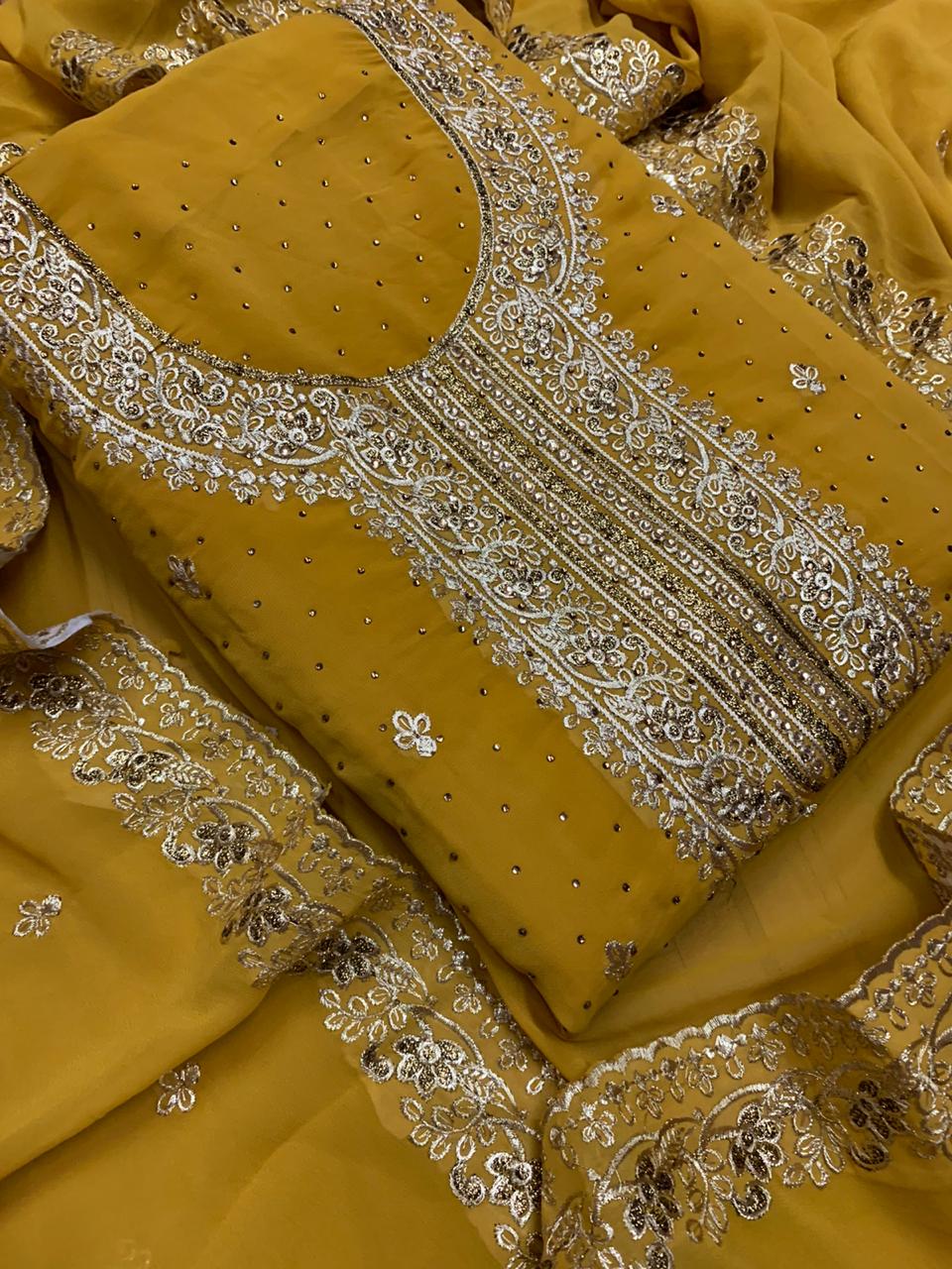 Festive Wear Mustard Color Designer Soft Faux Georgette Fancy Machine Diamond Daman Embroidered Neck Work Salwar Suit
