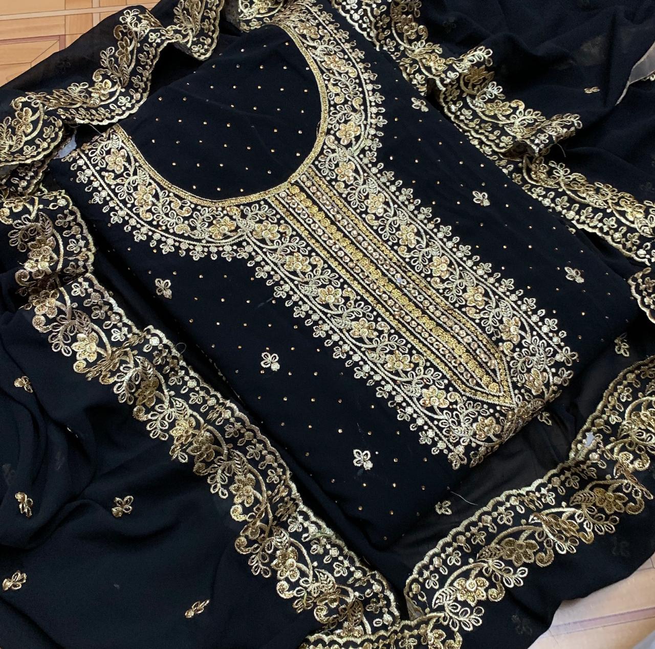 Black Color Party Wear Embroidered Fancy Daman Neck Diamond Machine Work Faux Soft Georgette Salwar Suit