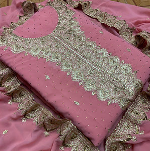 Pink Color Occasion Wear Soft Faux Georgette Daman Neck Embroidered Diamond Machine Work Salwar Suit