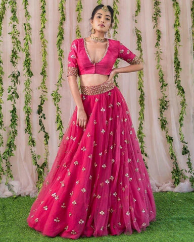 Rani Pink Color Wedding Wear Soft Net Designer Embroidered Work Butti Latest Design Lehenga Choli