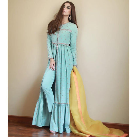 Light Blue Color Festive Wear Soft Butter Silk Designer Full Stitched Embroidered Work Pent Salwar Suit