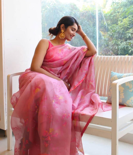 Intricate Pink Color Organza Fancy Digital Printed Saree Blouse For Women