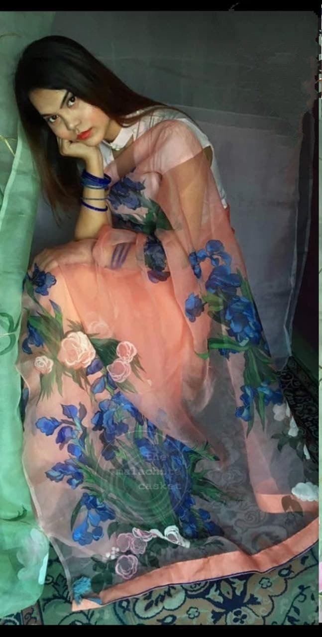 Wondrous Peach Color Designer Organza Printed Saree Blouse For Ladies