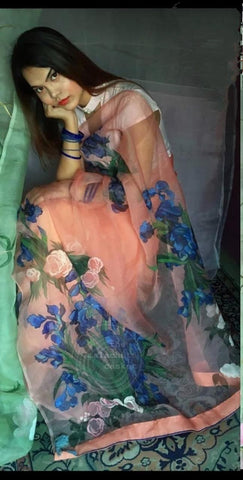 Wondrous Peach Color Designer Organza Printed Saree Blouse For Ladies
