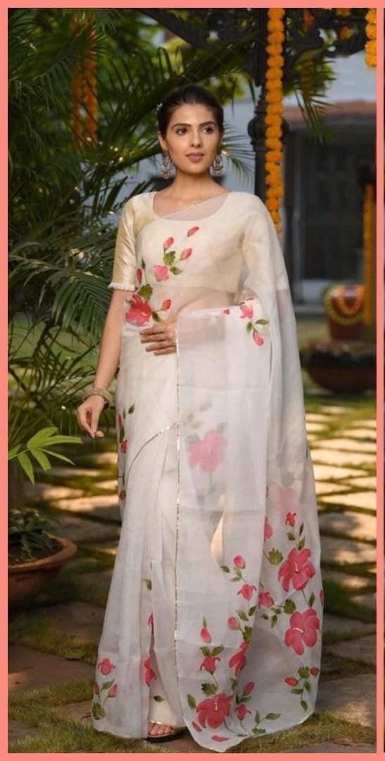 Ravishing Off White Color Printed Organza Occasion Wear Saree Blouse