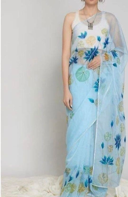 Pleasant Light Blue Color Organza Digital Printed Design Saree Blouse