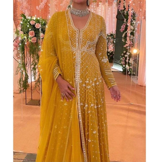 Staggering Mustard Color Party Wear Georgette Embroidered Work Indo Western Suit