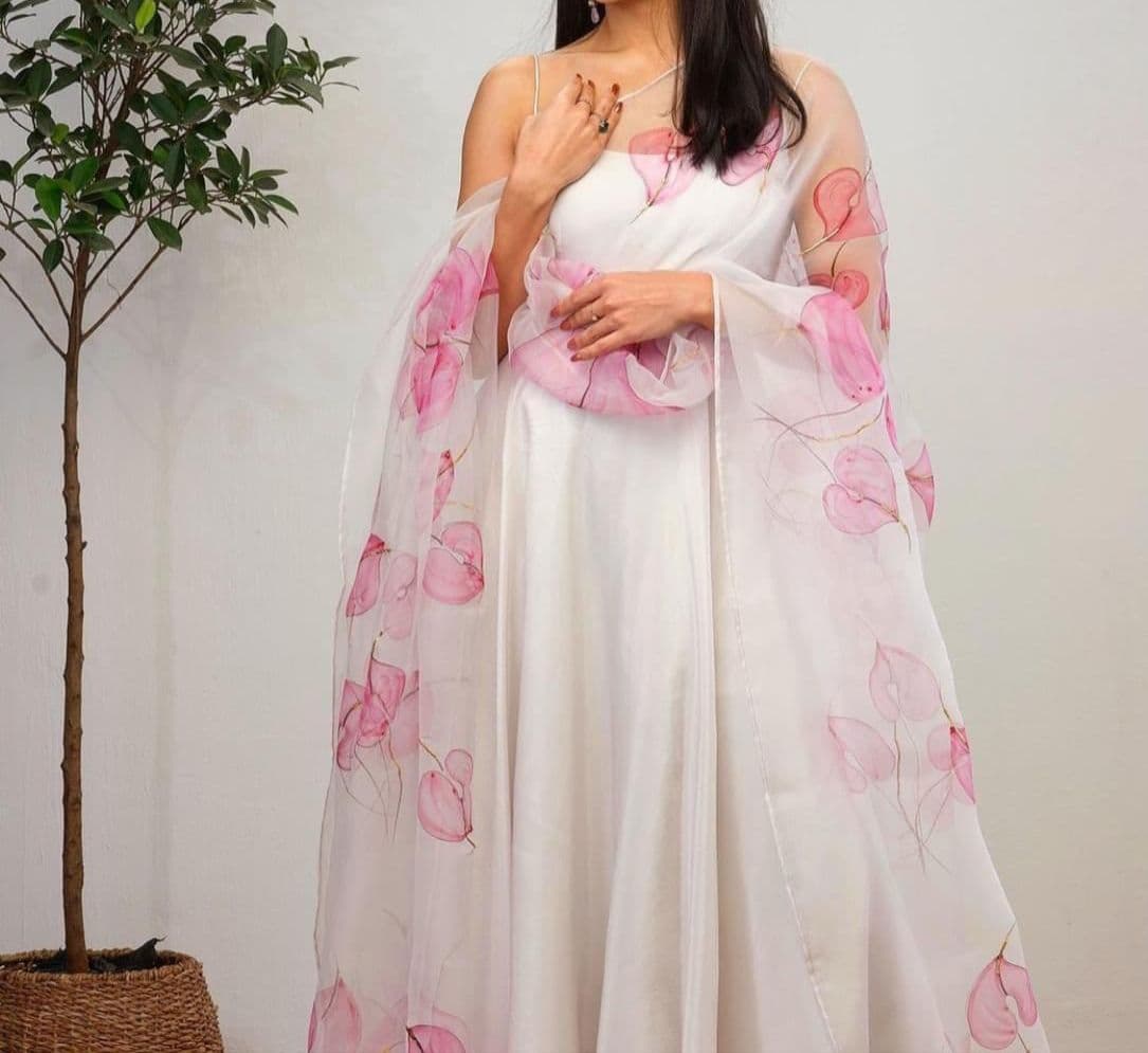 Delightful White Color Taffeta Silk Casual Wear Salwar Suit For Women