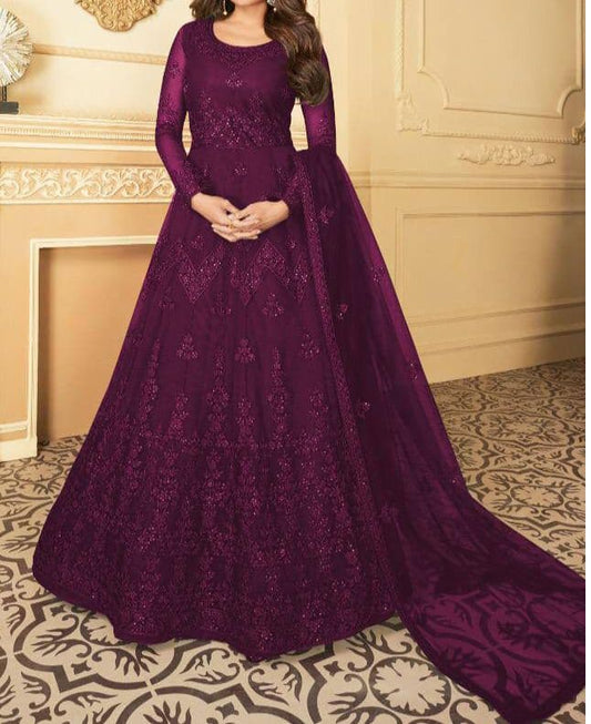Modern Wine Color Designer Net Embroidered Work Salwar Suit For Women