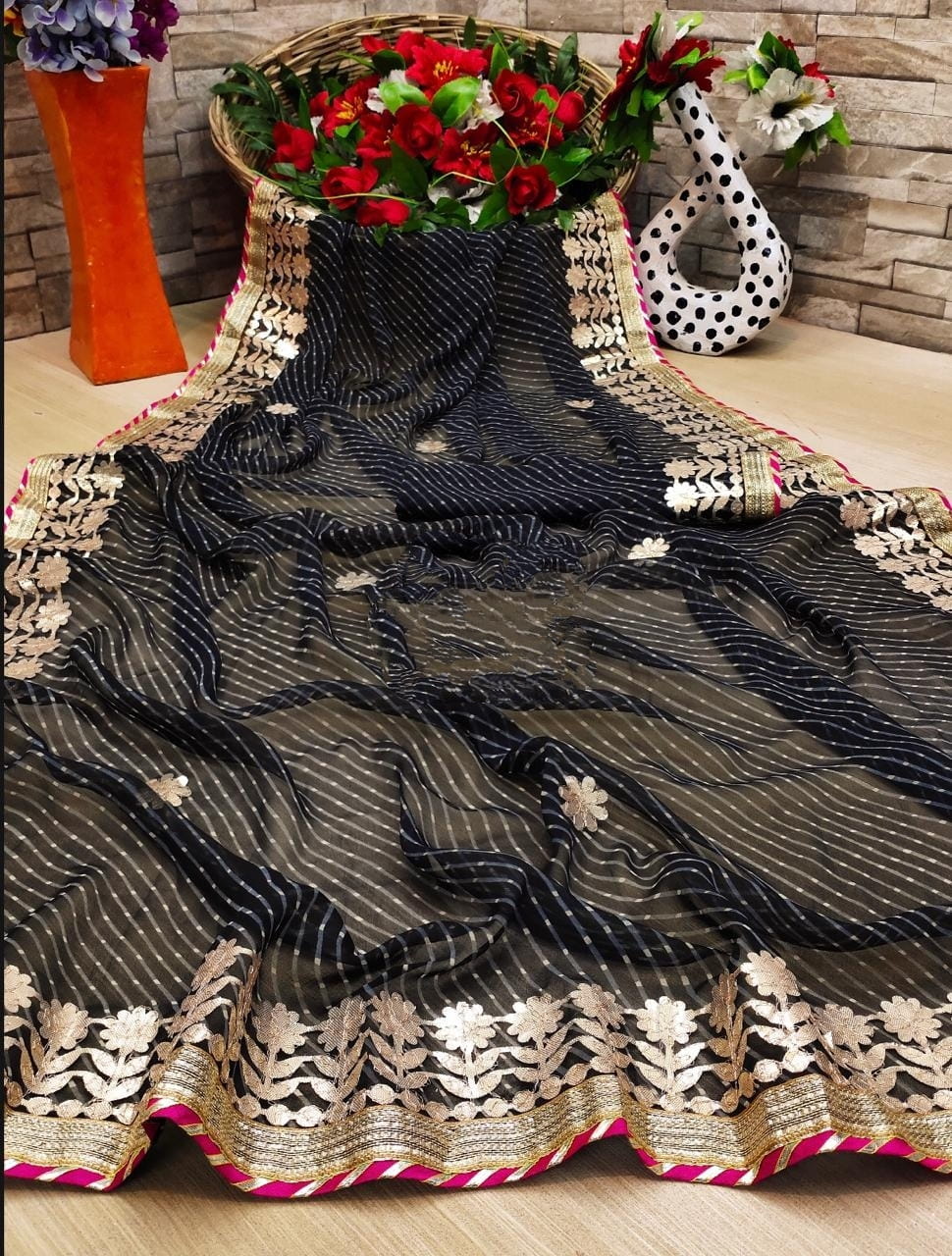 Black Color Festive Wear Soft Georgette Designer Rajasthani Traditional Gotta Patti Work Designer Saree Blouse