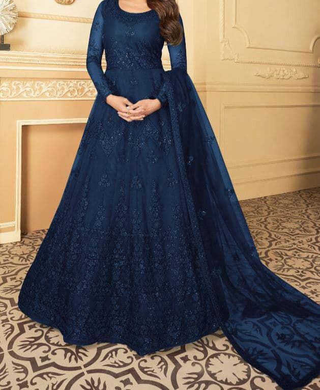 Phenomenal Navy Blue Color Net chain Stitched Work Salwar Suit For Ladies