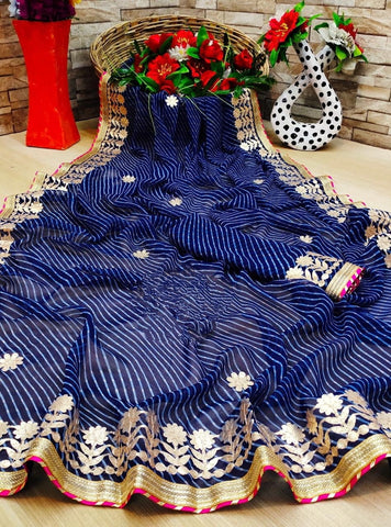 Blue Color Gotta Patti Traditional Rajasthani Soft Georgette Fancy Designer Saree Blouse