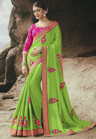 Party Wear Green Color Designer Rangoli Silk Fancy Embroidered Work Lace Designer Saree Blouse