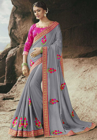 Grey Color Wedding Wear Rangoli Silk Embroidered Work Lace Designer Saree Blouse