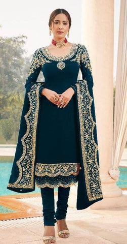 Thrilling Rama Color Stone Embroidered Work Georgette Salwar Suit