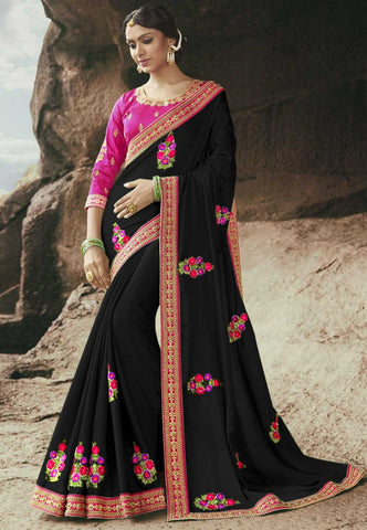 Black Color Party Wear Embroidered Work Lace Designer Rangoli Silk Designer Saree Blouse