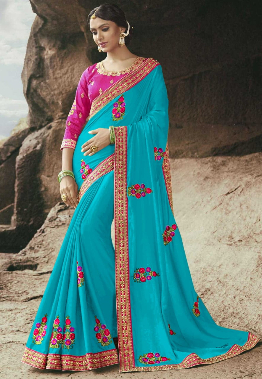 Sky Blue Color Festive Wear Rangoli Silk Fancy Embroidered Work Lace Designer Saree Blouse Design