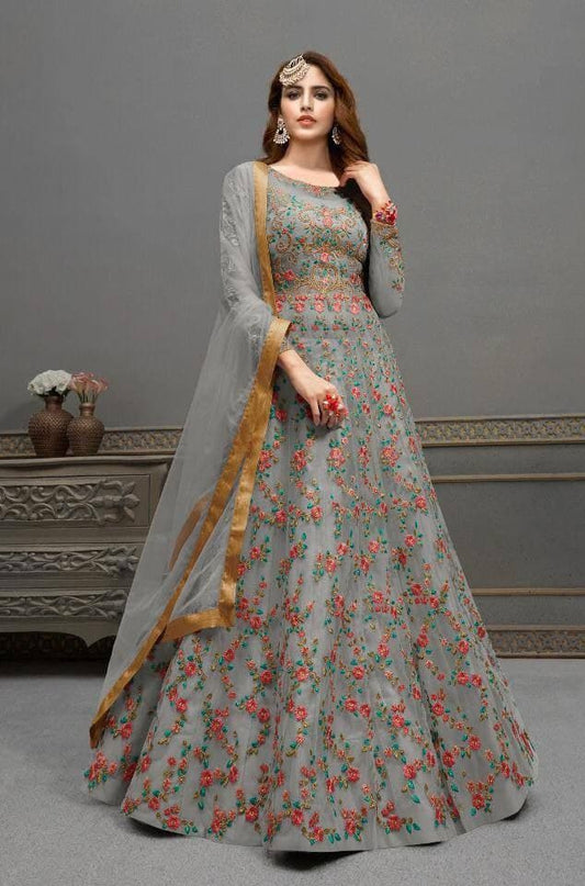 Remarkable Grey Color Net Diamond Work Wedding Wear Salwar Suit