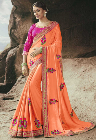 Orange Color Occasion Wear Embroidered Work Lace Rangoli Silk Design Designer Saree Blouse