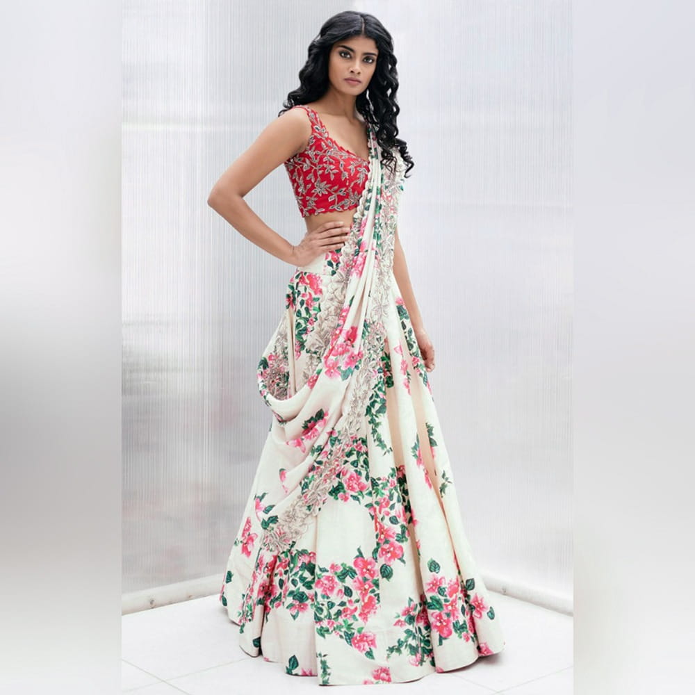 White Color Party Wear Italian Silk Fancy Digital Printed Latest Design Lehenga Choli