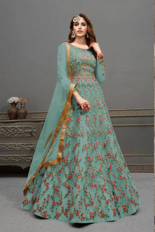 Opulent Sea Green Color Embroidered Work Net Party Wear Salwar Suit