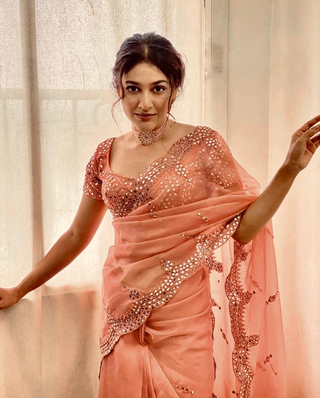 Peach Color Organza Silk Real Mirror Work Designer Festive Wear Designer Saree Blouse