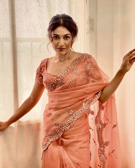 Peach Color Organza Silk Real Mirror Work Designer Festive Wear Designer Saree Blouse