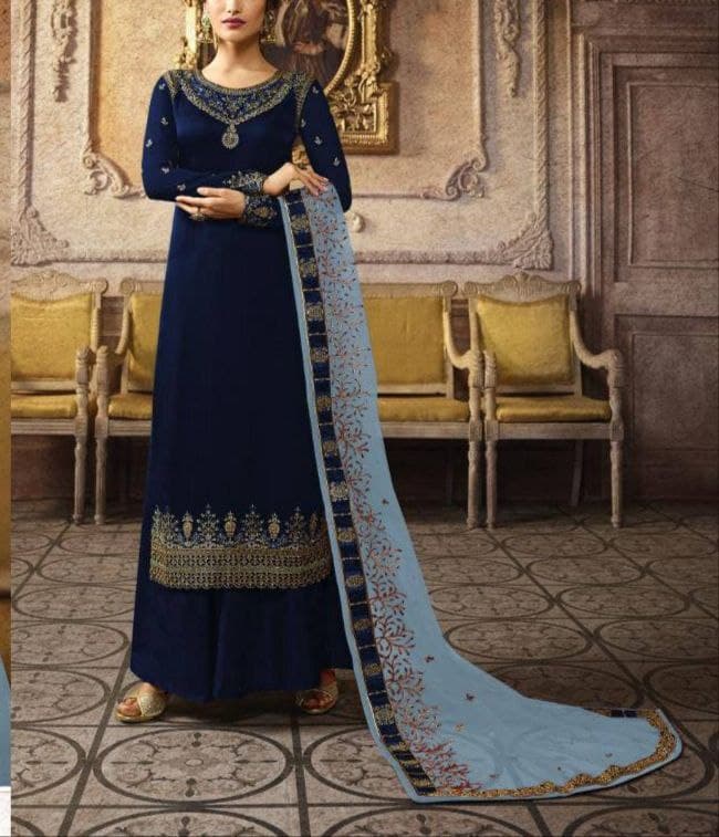 Mehendi Navy Blue Color Party Wear Chinon Silk Embroidered Work Salwar Suit