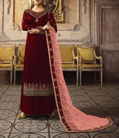 Alluring Maroon Color Silk Chinon Embroidered Work Designer Salwar Suit