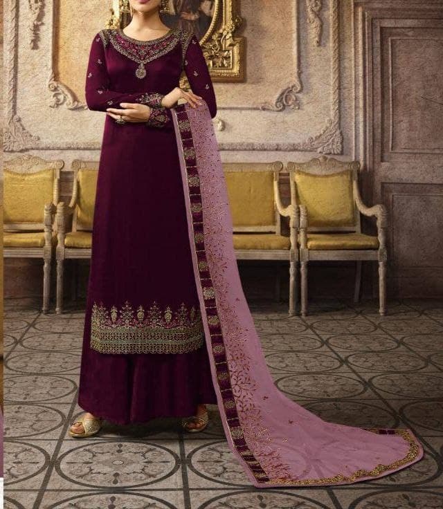 Captivation Wine Color Chinon Silk Embroidered Work Wedding Wear Salwar Suit