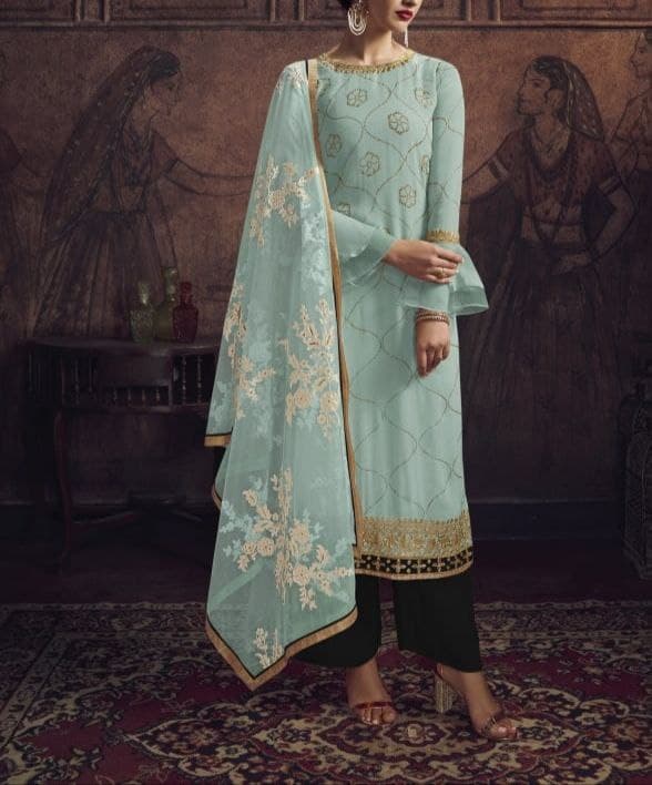 Bewildering Light Blue Color Georgette Diamond Work Salwar Suit For Women