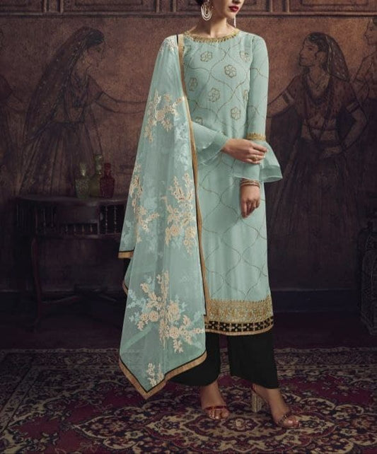 Bewildering Light Blue Color Georgette Diamond Work Salwar Suit For Women