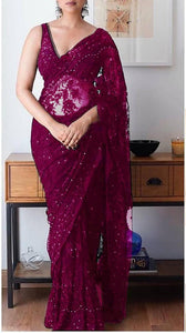 Wine Color Soft Net Designer Chain Stitched Stone Work Festive Wear Designer Saree Blouse