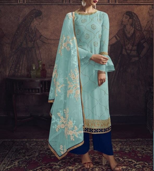 Energetic Sky Blue Color Georgette Embroidered Work Salwar Suit Design