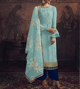 Energetic Sky Blue Color Georgette Embroidered Work Salwar Suit Design