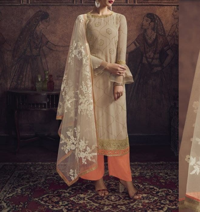 Fantastic Peach Color Embroidered Georgette Salwar Suit For Women