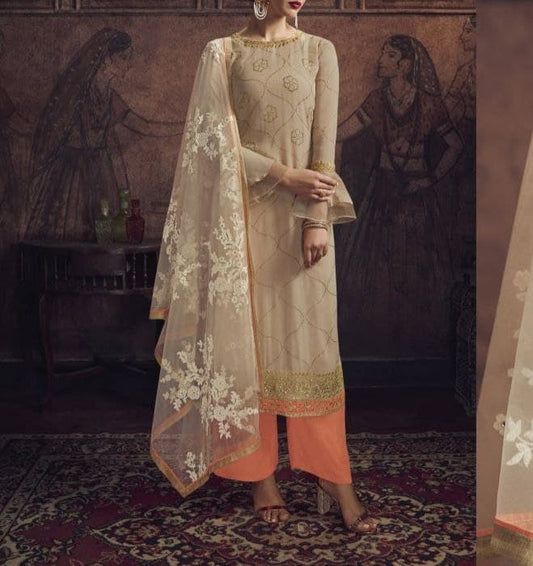 Fantastic Peach Color Embroidered Georgette Salwar Suit For Women