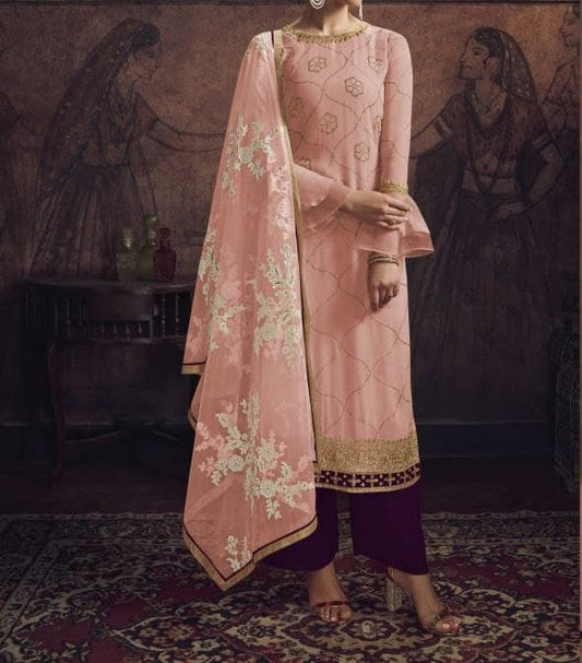 Dazzling Baby Pink Color Georgette Embroidered Work Occasion Wear Salwar Suit