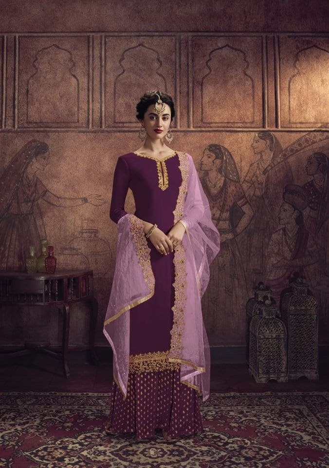Gleaming Wine Color Georgette Embroidered Work Party Wear Salwar Suit