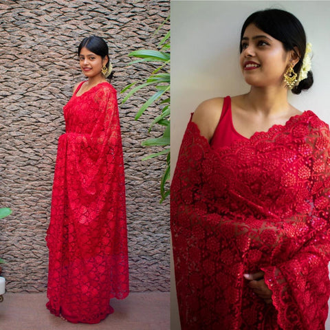 Red Color Festive Wear Soft Net Designer Thread Sequence Fancy Work Designer Saree Blouse