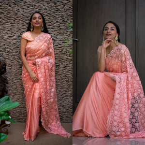 Peach Color Party Wear Sequence Thread Work Soft Net Fancy Designer Saree Blouse