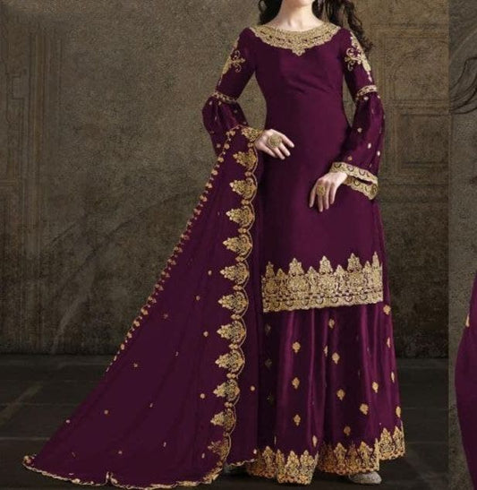 Stunning Wine Color Georgette Silk Party Wear Embroidered Work Salwar Suit