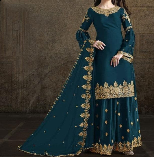 Blooming Rama Color Embroidered Work Georgette Silk Salwar Suit For Wedding Wear