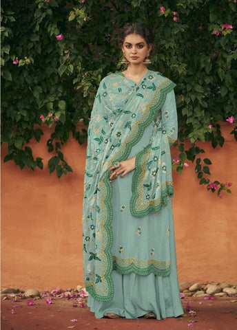 Amazing Light Blue Color Embroidered Work Chinon Italian Salwar Suit For Women