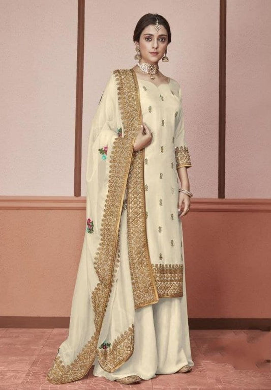 Knockout Off White Color Wedding Wear Silk Embroidered Work Salwar Suit