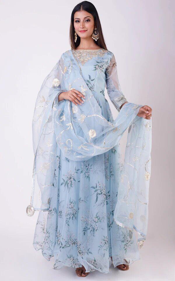 Light Blue Color Festive Wear Organza Printed Embroidered Work Ready Made Gown With Dupatta