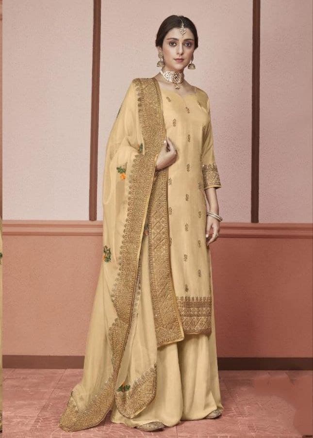 Stylish Cream Color Festive Wear Silk Embroidered Coding Work Salwar Suit