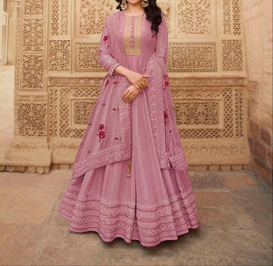 Fabulous Purple Color Multi Embroidered Work Silk Salwar Suit For Women