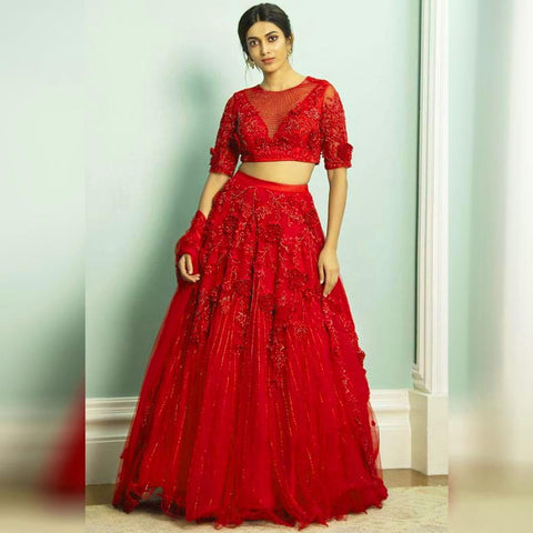 Wedding Wear Red Color Semi Stitched Soft Net Fancy Zari Embroidered Patch Flowers Work Latest Design Lehenga Choli